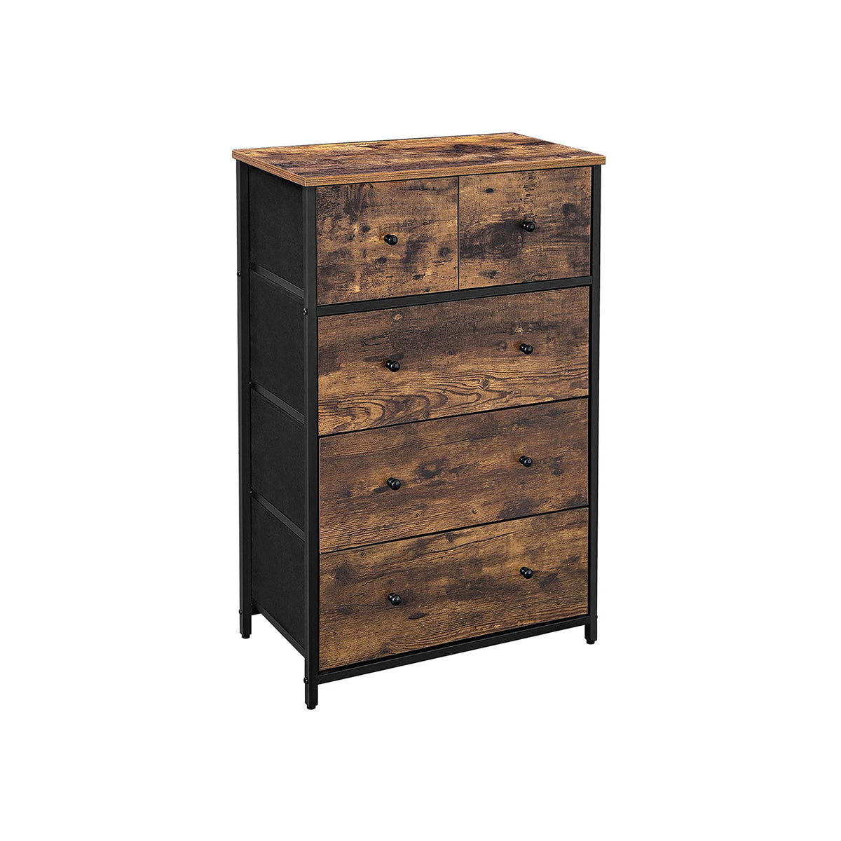 SONGMICS Commode, kast, 7 stoffen laden, opbergkast, staal, MDF, niet-geweven stof, voor slaapkamer, hal, woonkamer, vintage bruin-inktzwart SONGMICS Commode, kast, 7 stoffen laden, opbergkast, staal, MDF, niet-geweven stof, voor slaapkamer, hal, woonkamer, vintage bruin-inktzwart
