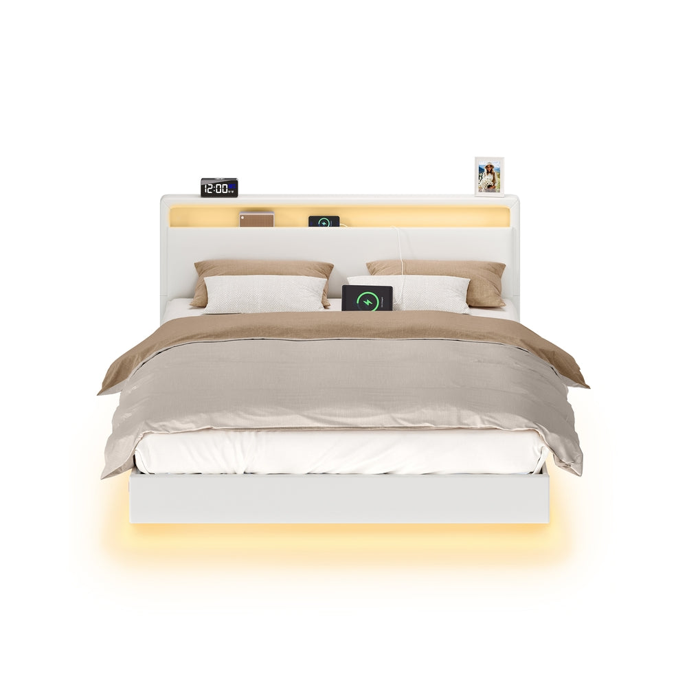 Tweepersoonsbedframe 180 x 200 cm, Lichtgrijs, met opbergruimte, LED