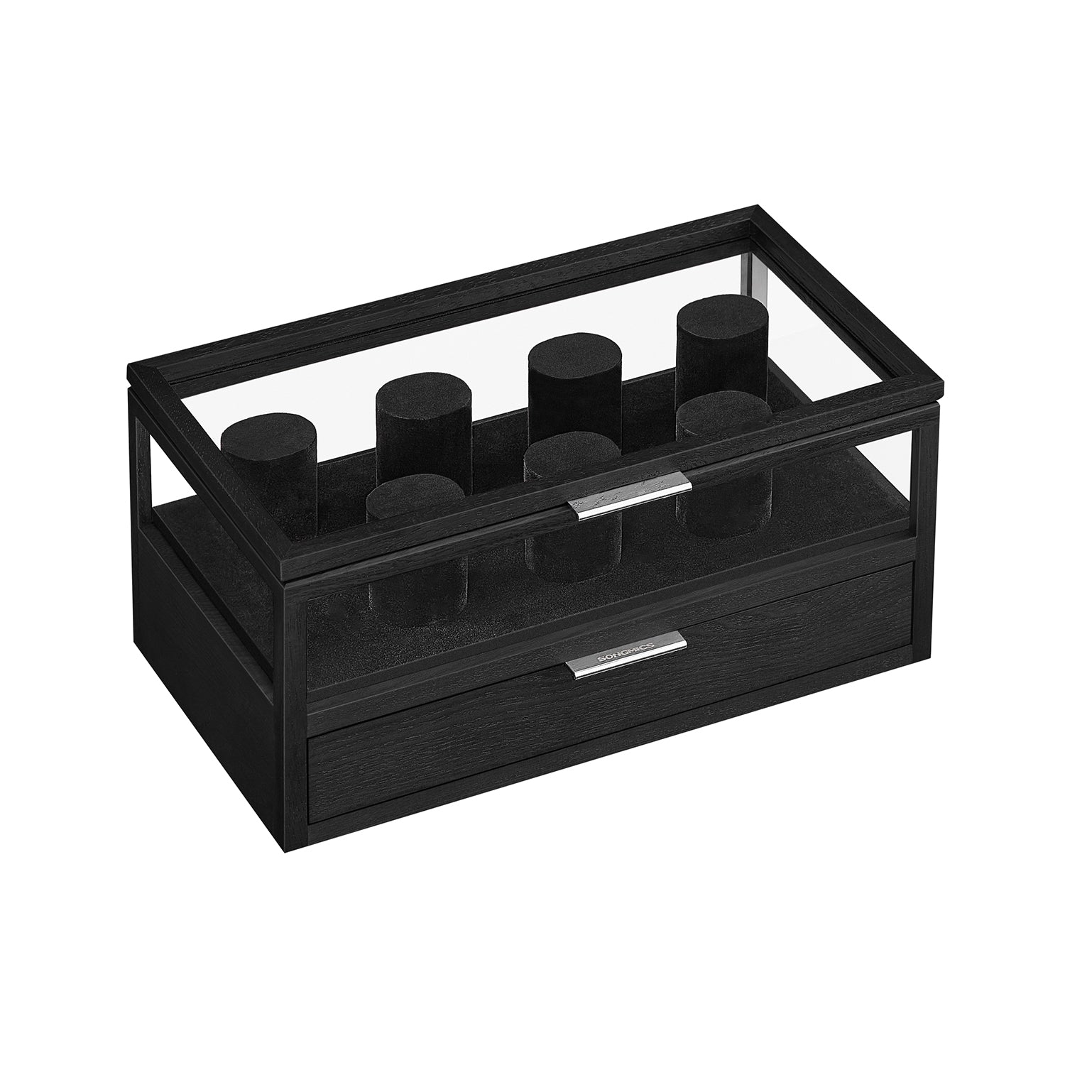 SONGMICS Watch Box, Watch Case with Glass Lid, 2 Levels, for 6 Watches, Lockable, 1 Drawer for Rings, Bracelets, Gift Idea, PU Case in Black, Inner Lining in Black JWB060B02 SONGMICS Watch Box, Watch Case with Glass Lid, 2 Levels, for 6 Watches, Lockable, 1 Drawer for Rings, Bracelets, Gift Idea, PU Case in Black, Inner Lining in Black JWB060B02