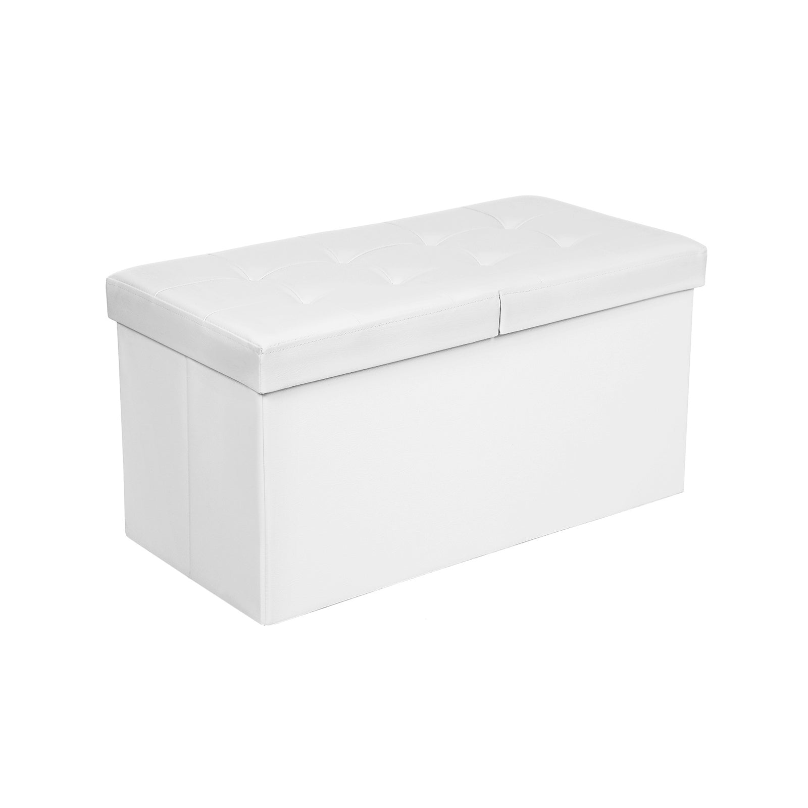 A white rectangular storage ottoman with cushioned tufted lid, lid seam in middle, used as bench and storage.